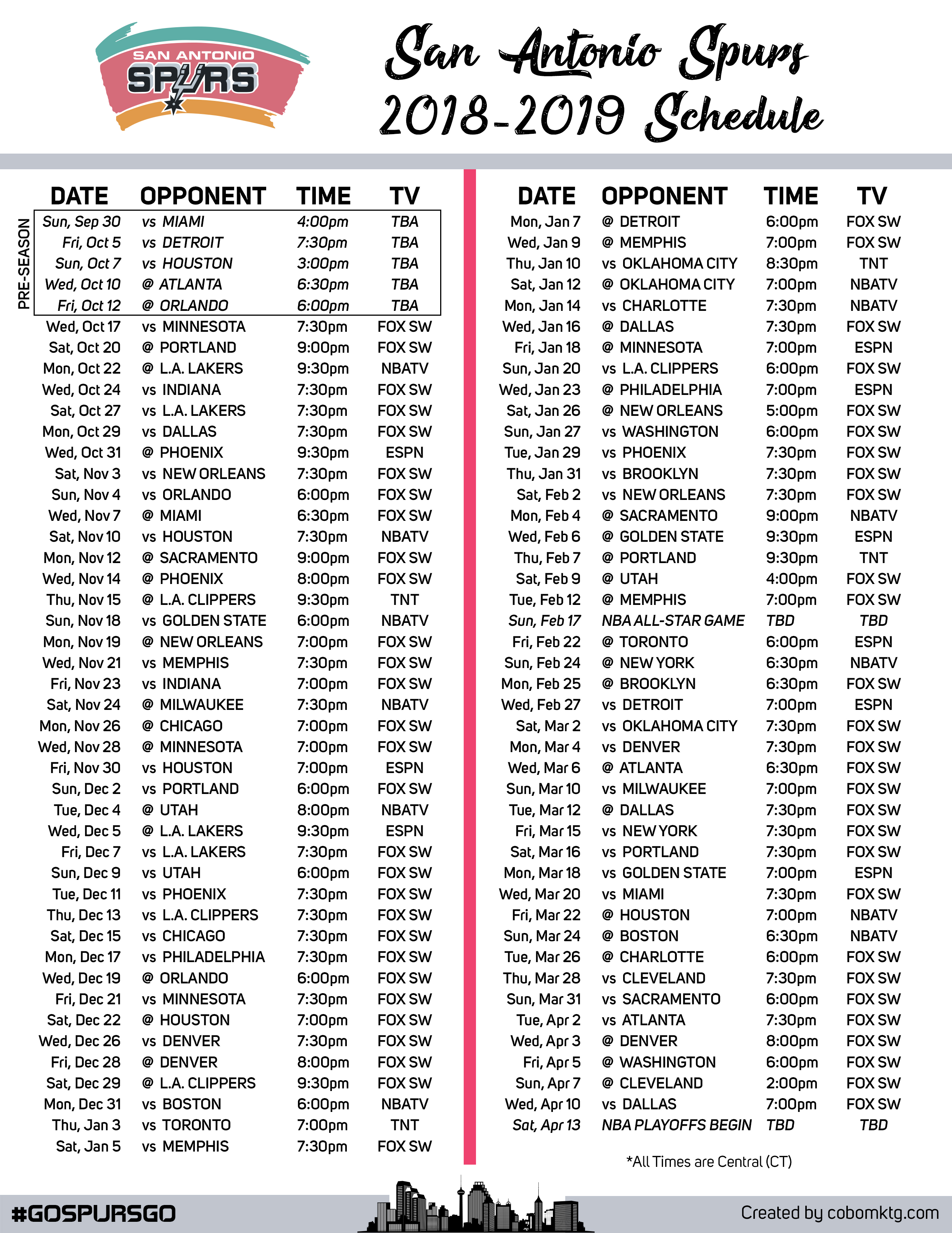 2018-2019 San Antonio Spurs Printable Schedule with TV and Central Times.